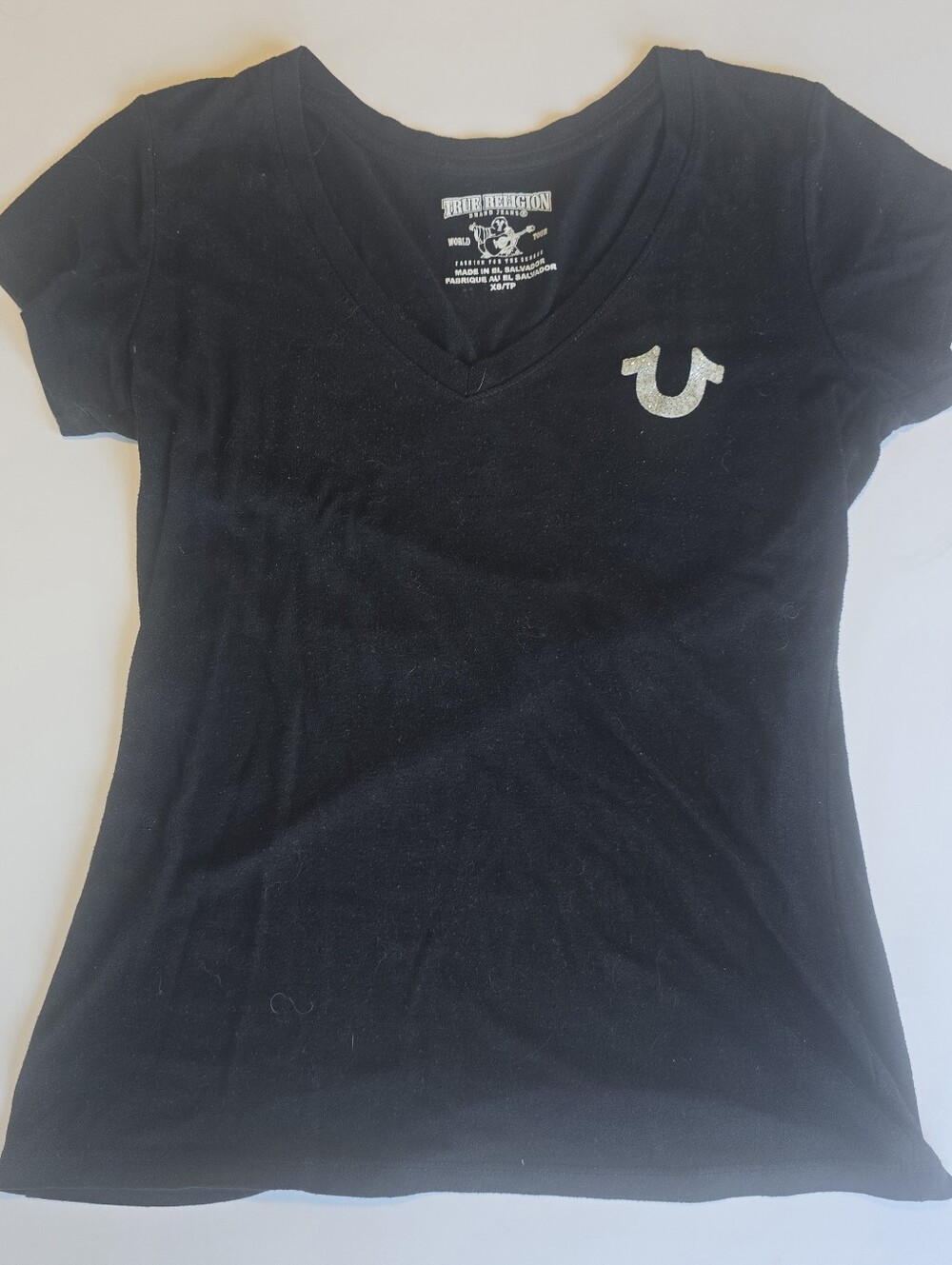 True Religion Black V-Neck Tee with Silver Logo